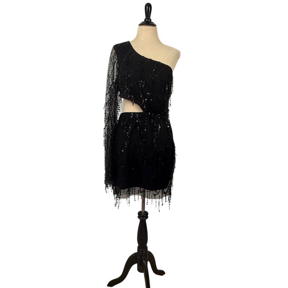 LUCY IN THE SKY Black Sequin One Shoulder Mesh DRESS L HOCO Whimsigoth Vamp Sexy - Picture 5 of 16